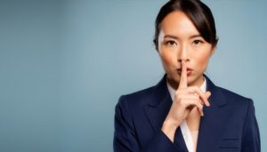 静かにのジェスチャーを示す若い女性