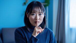 室内で静かにするジェスチャーをする若い女性