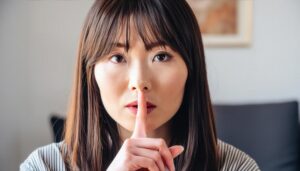 指を口に当てて静かにと伝える女性
