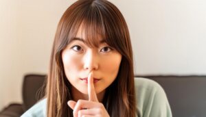 室内で口に指を当てる静かにのジェスチャーの女性