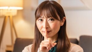 微笑んで指を口元に当てるジェスチャーの女性