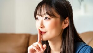 オフィスで静かにするジェスチャーをするスーツ姿の女性