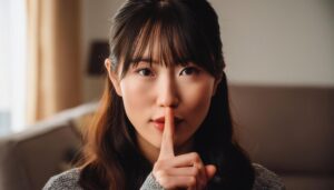 優しい光の室内で指を口に当てる女性