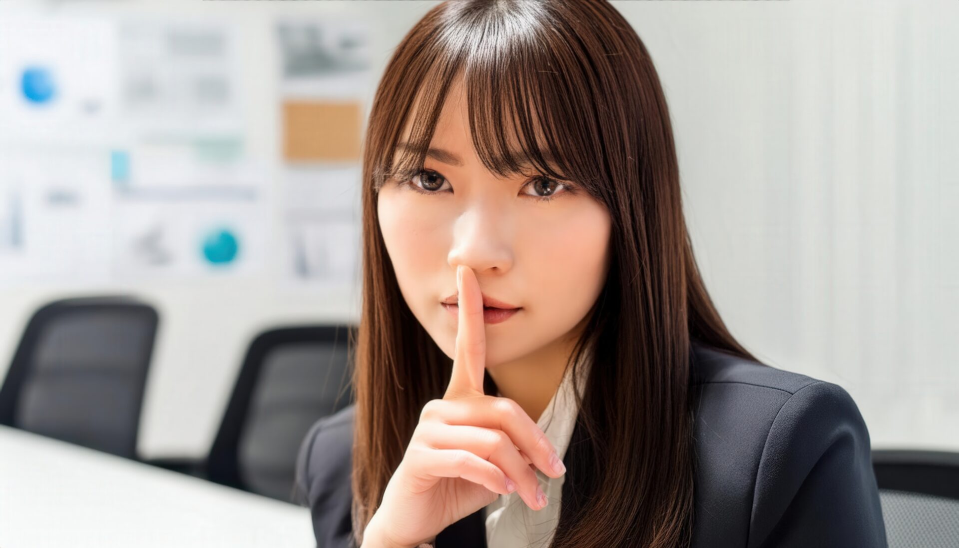 赤い照明の室内で静かにするジェスチャーの女性