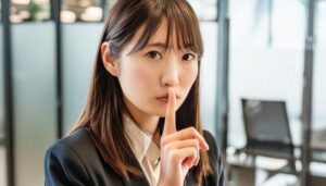 オフィス内で指を口に当てる女性社員