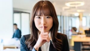 職場で静かにとジェスチャーする笑顔の女性社員
