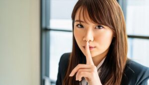 窓際で静かにするジェスチャーをする女性社員