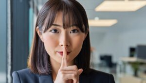 明るいオフィスで静かにするジェスチャーをする女性