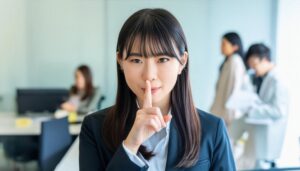 会議室で静かにのジェスチャーをする若い女性