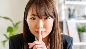 観葉植物のあるオフィスで指を口に当てる女性社員