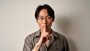 グレーシャツで口に指を当てて黙る30代の男性