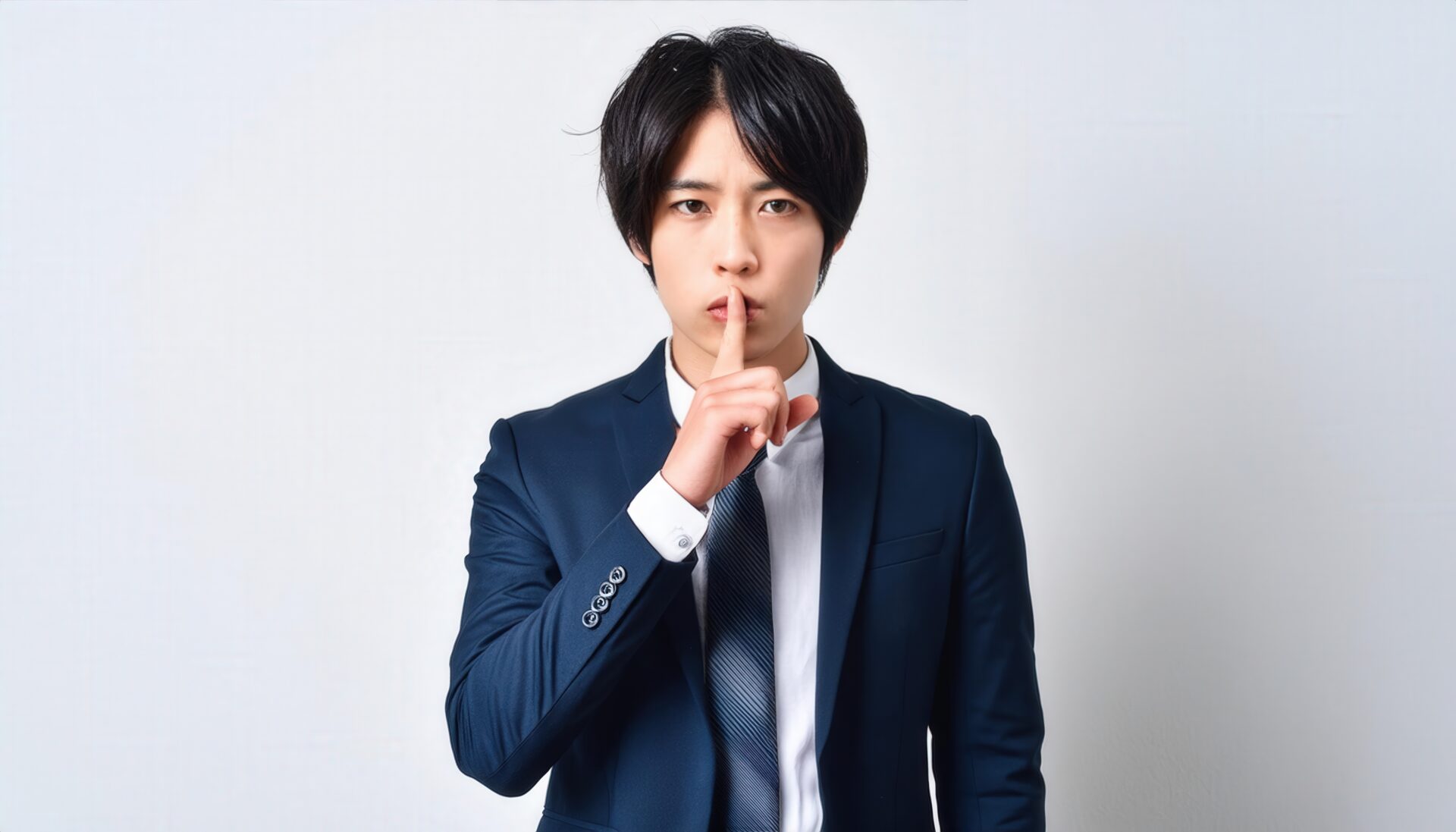 ネイビースーツで口に指を当てて黙る20代の男性