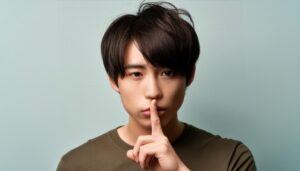 静かにするジェスチャーをする若者