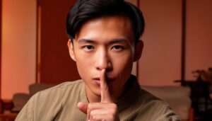 落ち着いた室内で静かにするジェスチャーを示す若者