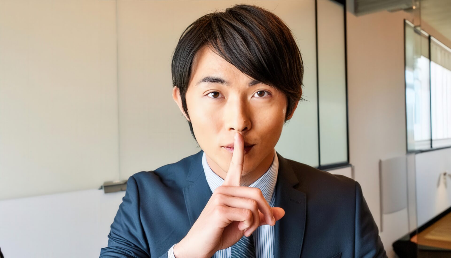 静かにのジェスチャーをするスーツ姿の若い会社員