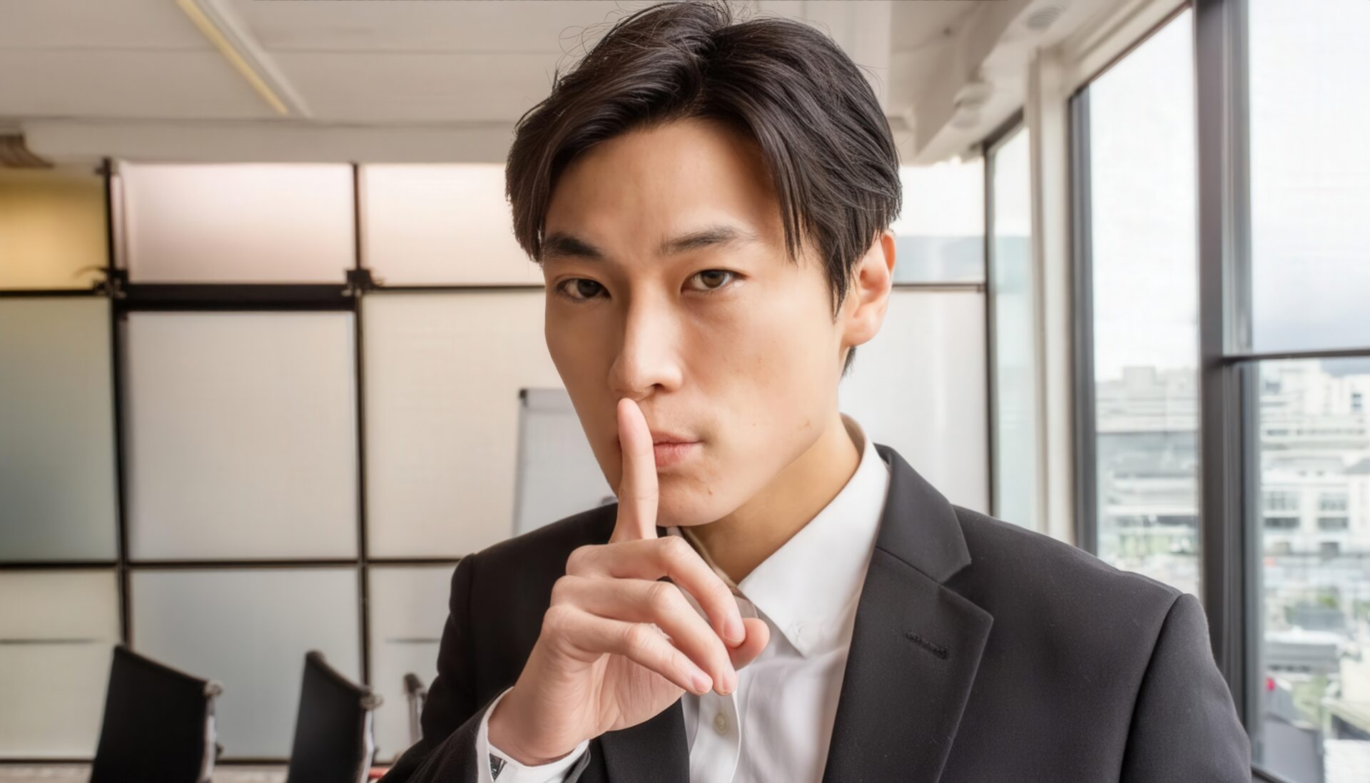 口元に指をあてるスーツの若い会社員