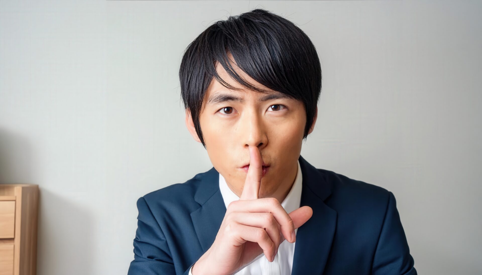 内緒話をしようとするスーツを着た日本人男性