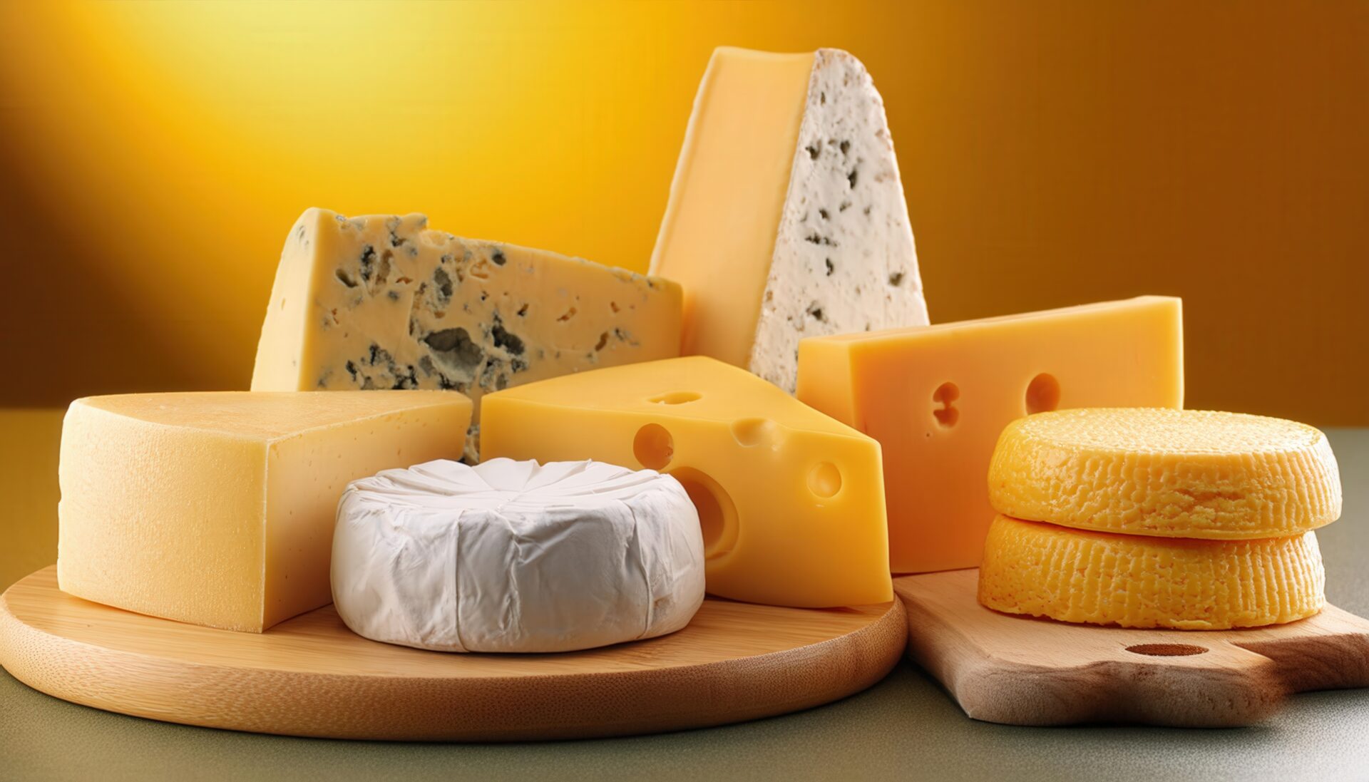 黄色い背景のチーズ盛り合わせ