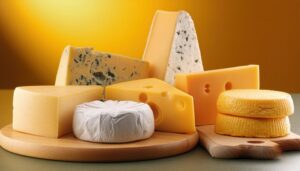 黄色い背景のチーズ盛り合わせ