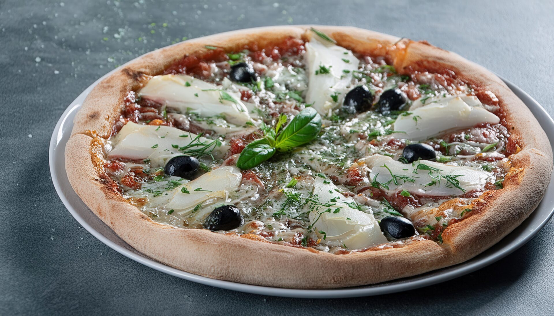 白身魚とオリーブのピザ