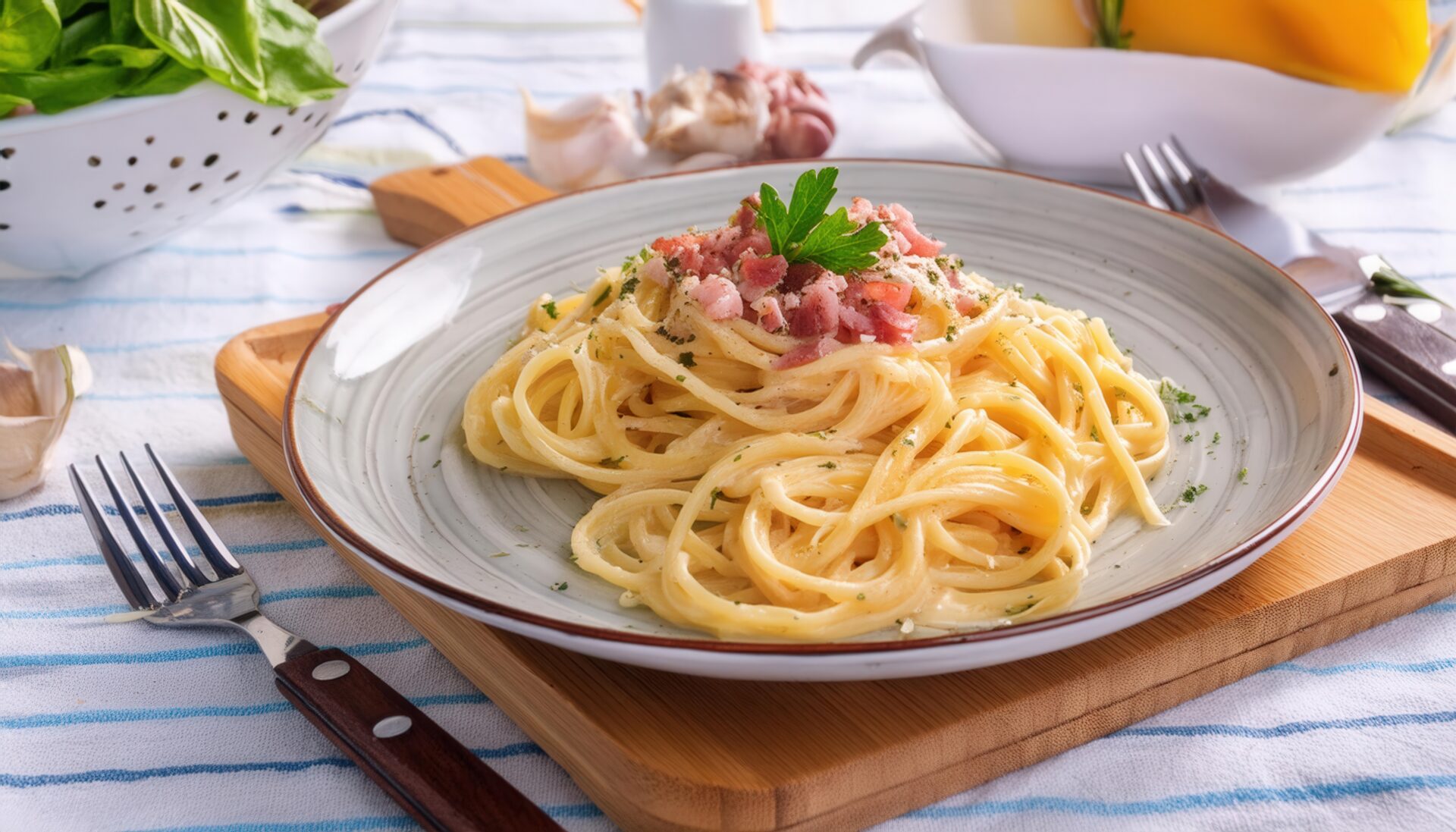 カルボナーラスパゲッティ（ナチュラル背景）