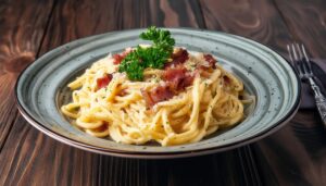 カルボナーラスパゲッティ（木目テーブル）