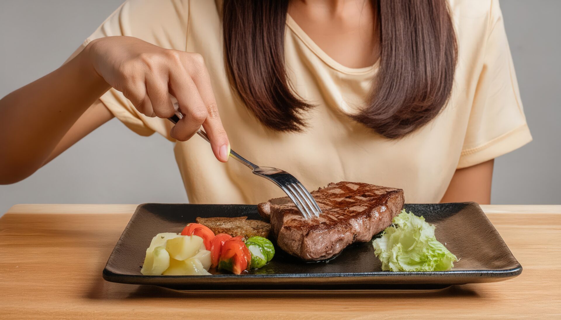 ステーキを食べる女性1