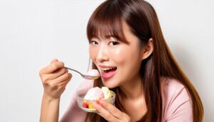 アイスクリームを食べる女性（ピンク服）
