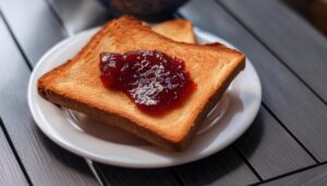 ウッドテーブルのジャムトースト