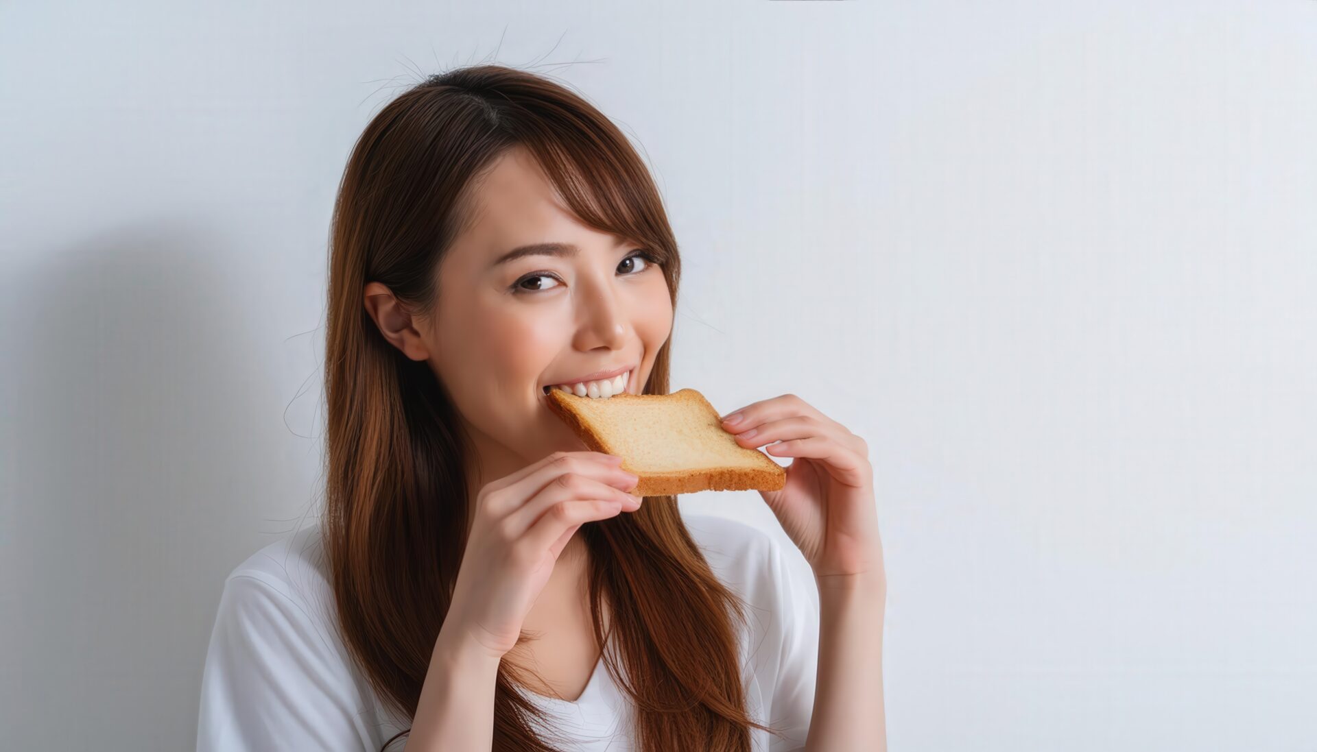 トーストをかじる女性
