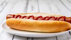 ケチャップがかかったホットドッグ