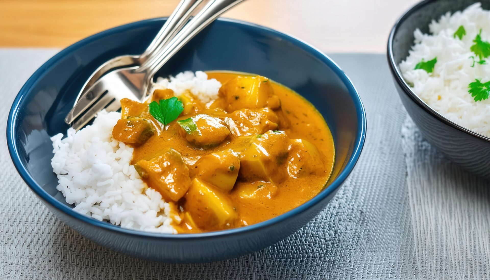 青いボウルのカレーライス