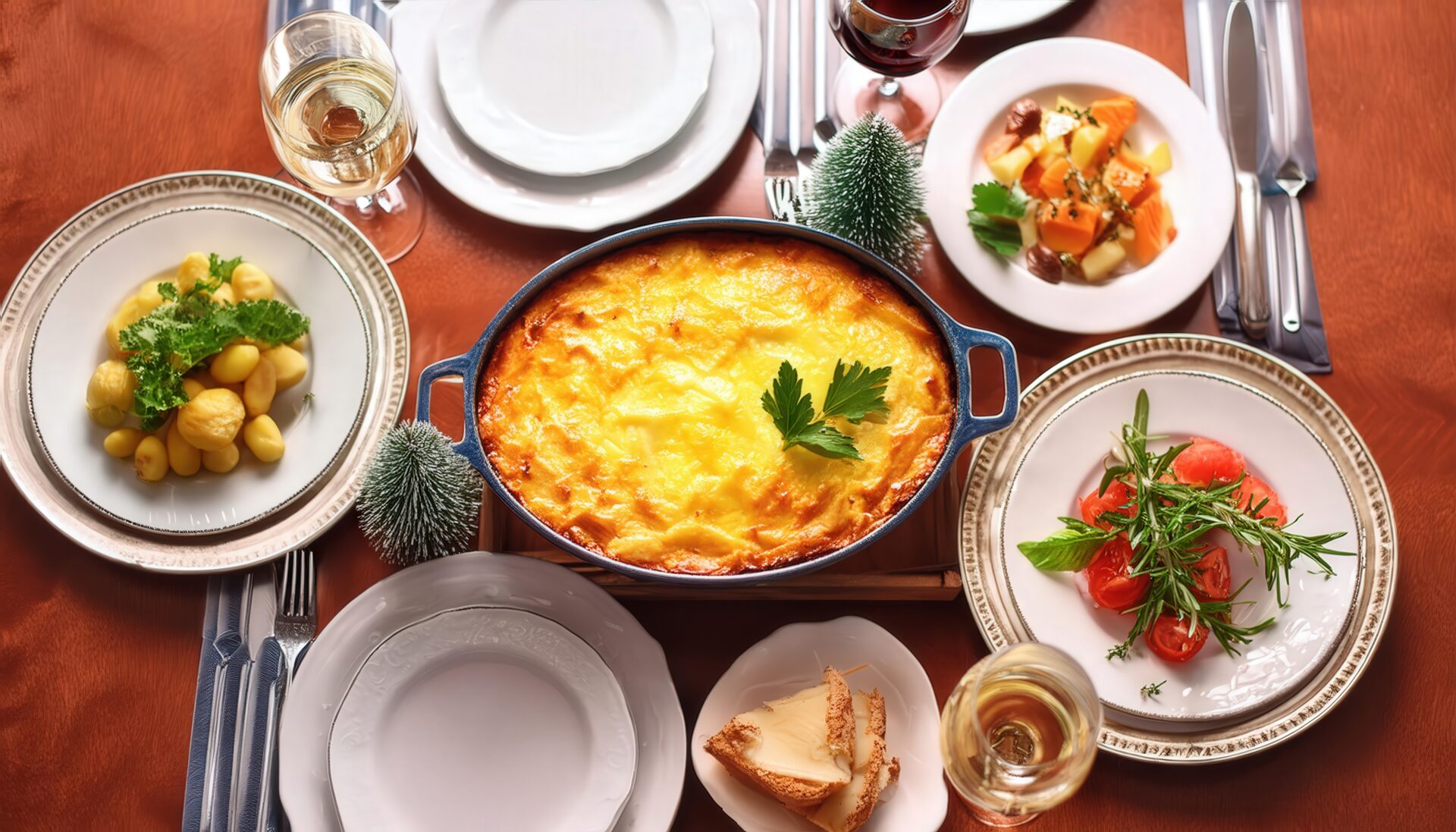 食卓に並ぶラザニアと料理