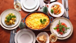 食卓に並ぶラザニアと料理