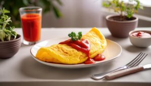 ジュースとオムレツの朝食