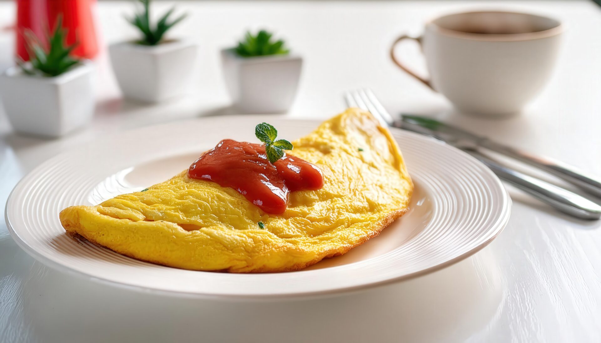 白いテーブルにオムレツ