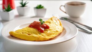 白いテーブルにオムレツ