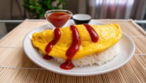 オムライスと竹製ランチョンマット