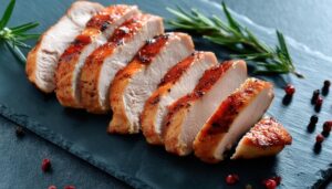 黒板の上のチキンスライス