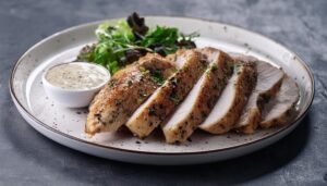 ソースとサラダを添えたチキンスライス