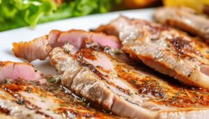 ジューシーな焼き豚のアップ