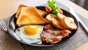 朝食セット（トーストとベーコンエッグ）