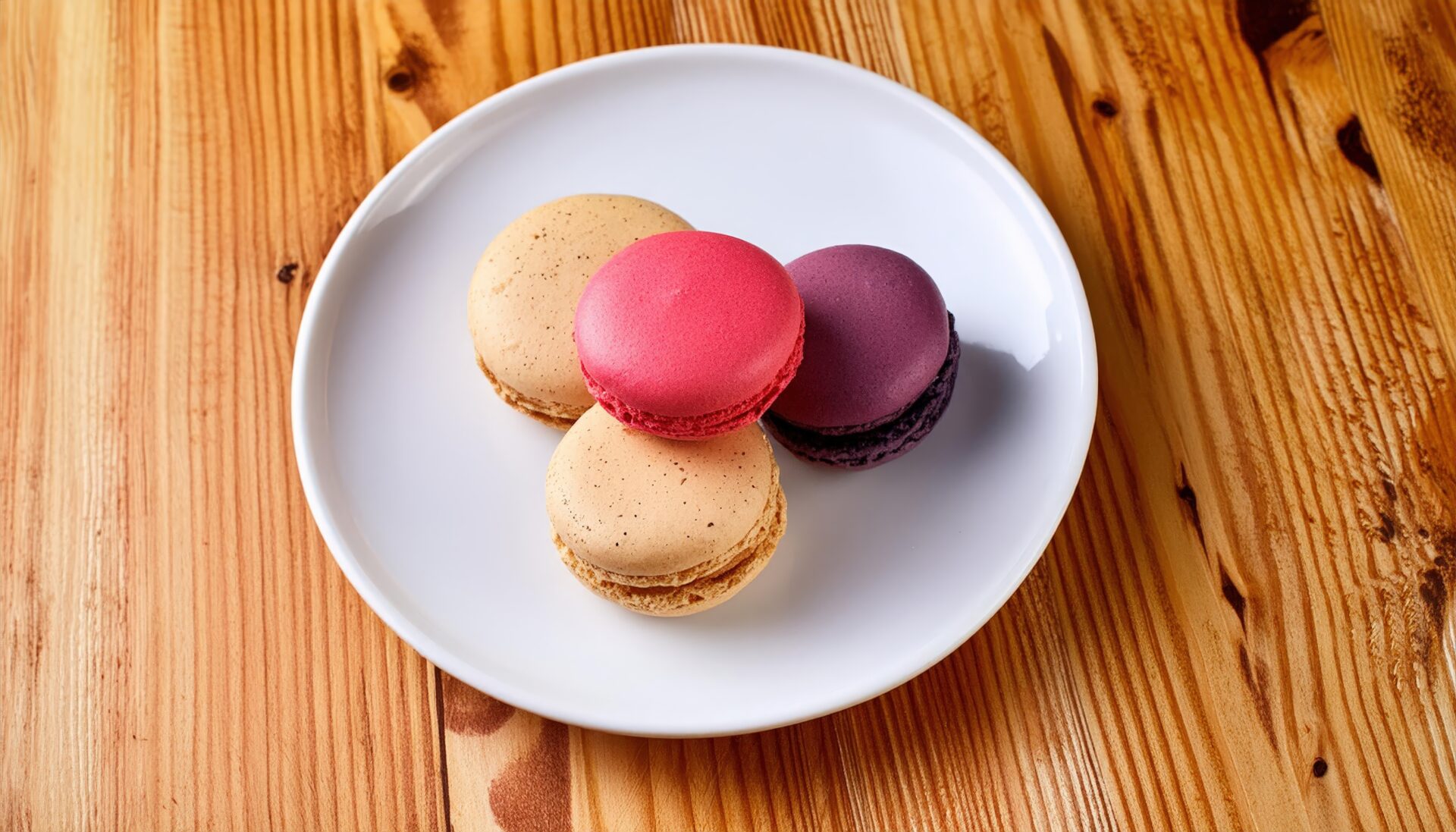 白い皿に並ぶ4つのマカロン