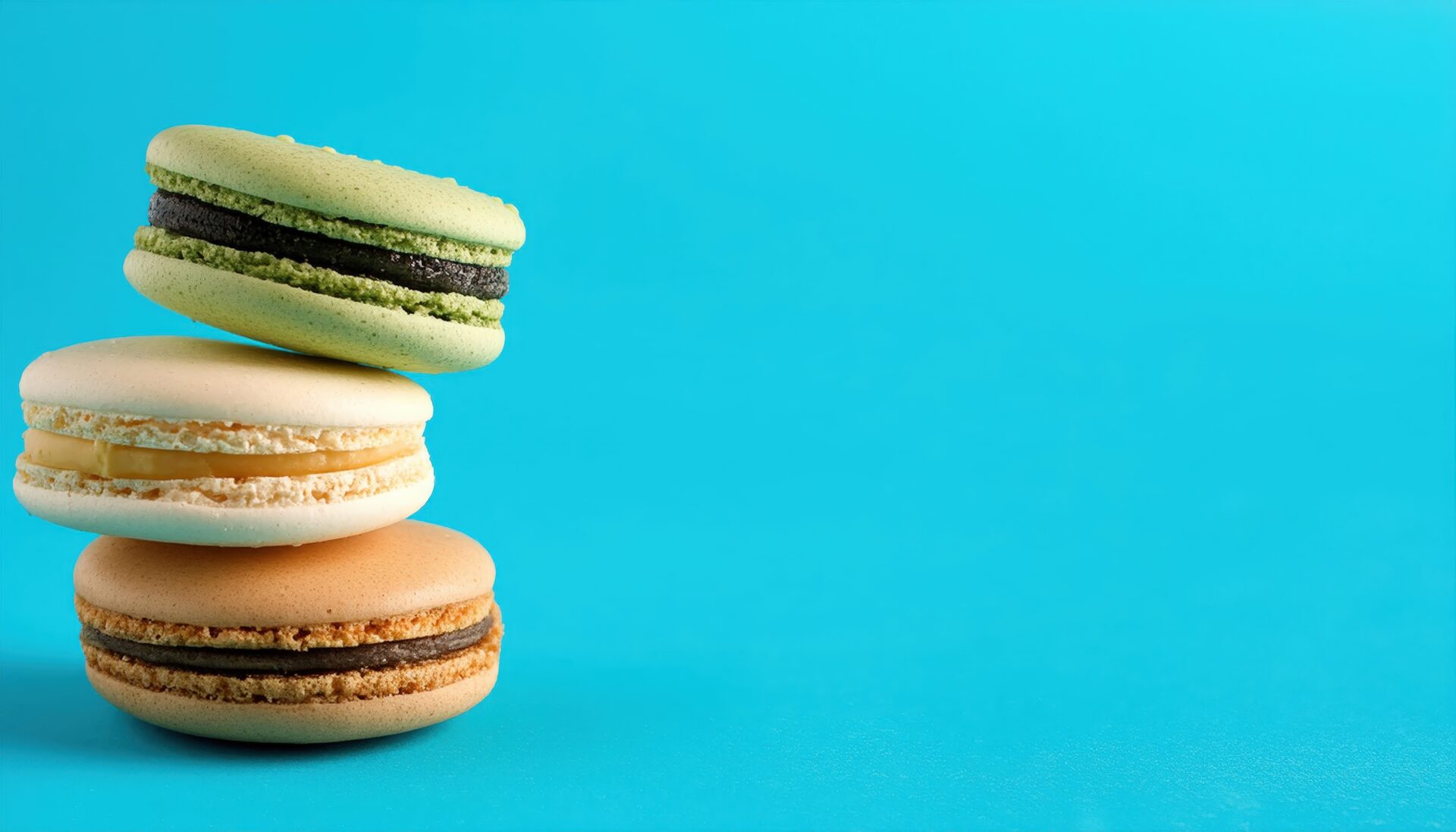 青背景に積まれたマカロン