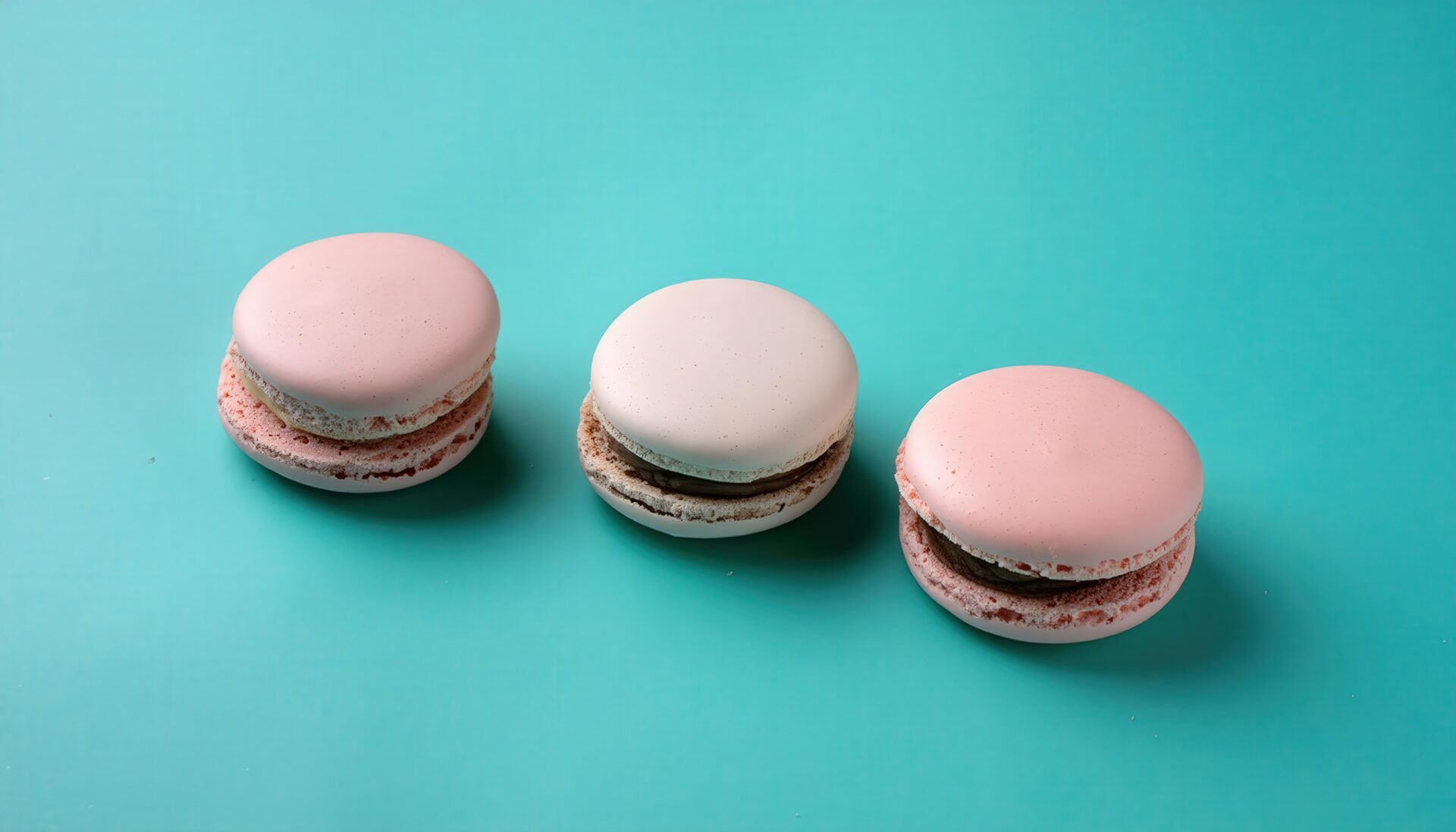 青緑背景に並んだ3つのマカロン