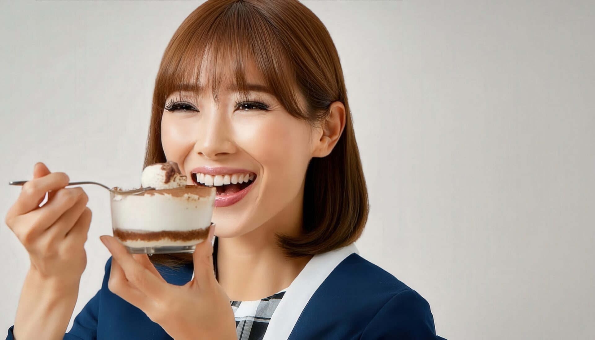 ティラミスを食べるビジネス女性