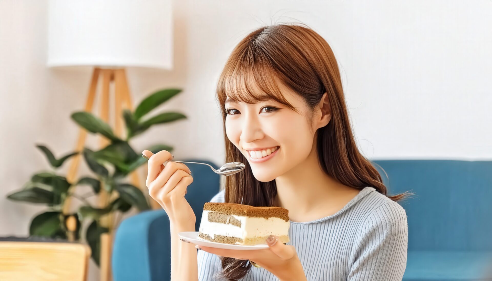 ティラミスを手にする女性