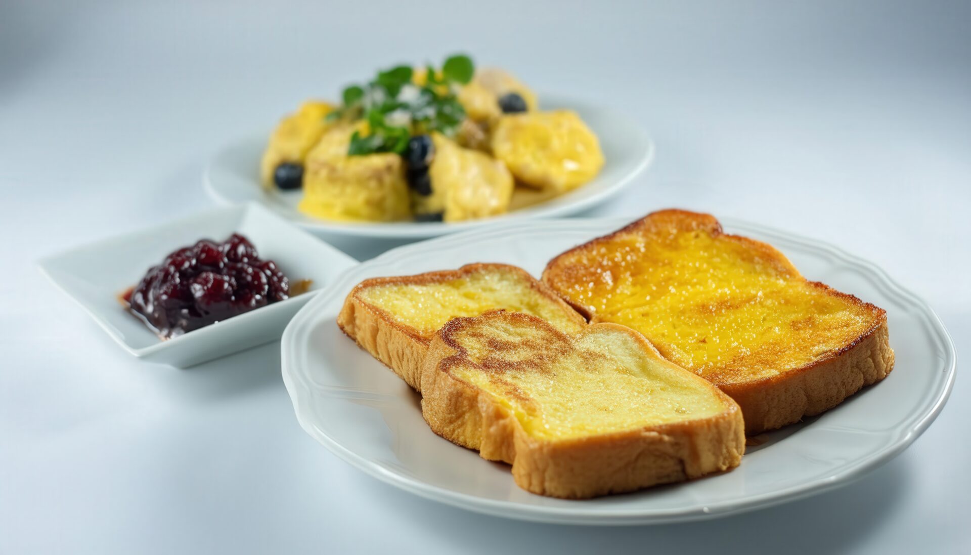 白い食器に盛られたフレンチトーストとフルーツソース