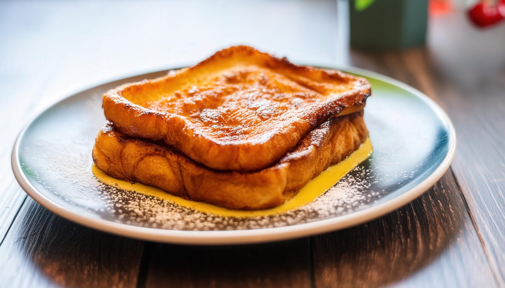 青い縁取りの白いプレートに盛られたフレンチトーストとカスタードソース