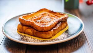 青い縁取りの白いプレートに盛られたフレンチトーストとカスタードソース